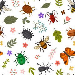 Cute Insects and Flowers Seamless Pattern on White Background. Vector