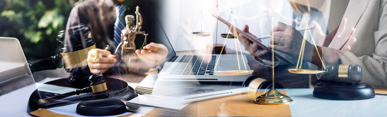 Business and lawyers discussing contract papers with brass scale on desk in office. Law, legal services, advice, justice and law concept picture with film grain effect