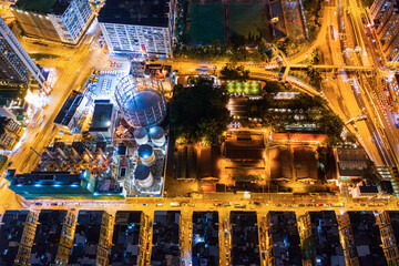 Aerial view from top. Old apartment in Kowloon, Hong Kong at night