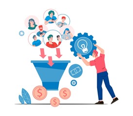 Sale funnel and leads generation. Digital marketing concept with funnel lead generations and attracting buyers. Conversion rate and sale optimization, flat vector illustration isolated on background.