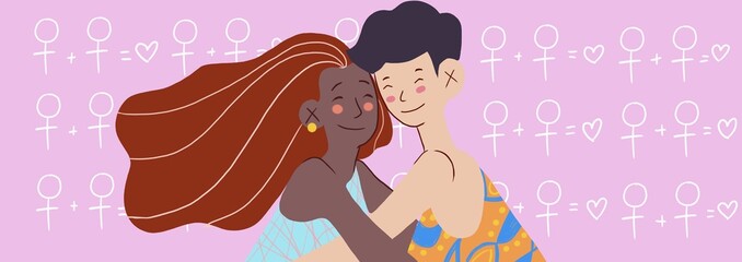 Fototapeta premium Banner of a couple of women, representation of homosexuality, tolerance and love.