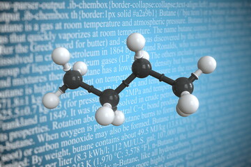 Butane scientific molecular model, 3D rendering - obrazy, fototapety, plakaty