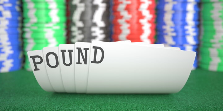 A hand of playing cards with pound text. 3d rendering
