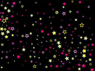 Multi-colored stars are scattered on a black background.