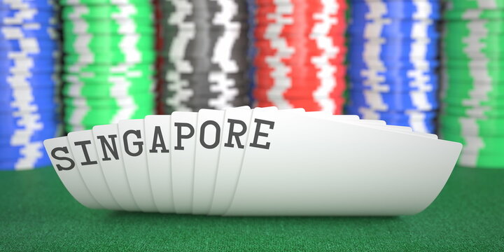 A hand of playing cards with Singapore text. 3d rendering