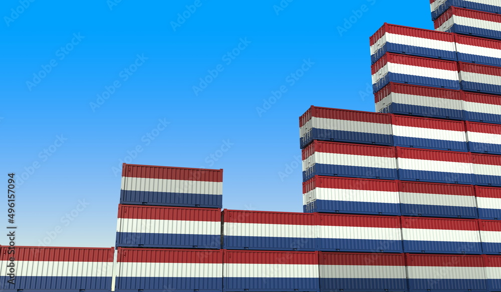 Poster flags of the netherlands on cargo containers making a rising graph. industrial growth related 3d ren