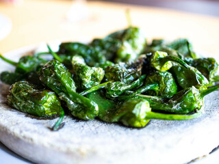 Spanish specialty, Pimientos de Padrón, lots of small grilled salty green peppers