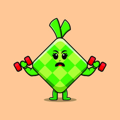 Cute cartoon ketupat character is fitness with barbell in modern style design 