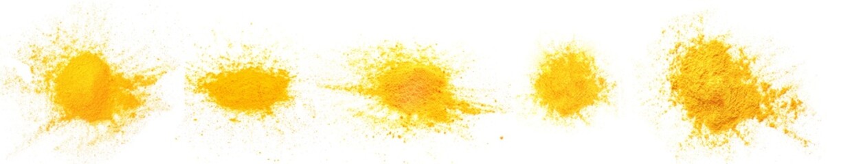 group of Turmeric (Curcuma) powder pile isolated on white background, top view. turmeric is herb for protect virus.