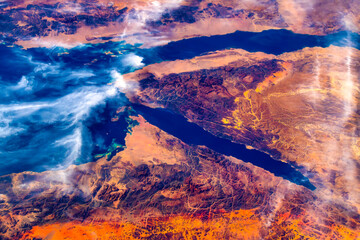 Coastal feature of the Red Sea. Digital enhancement. Elements by nasa