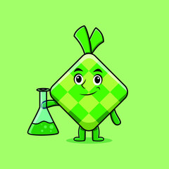Cute cartoon mascot character ketupat as scientist with chemical reaction glass in cute modern style design