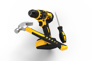 Flying view of yellow construction tools for repair on white