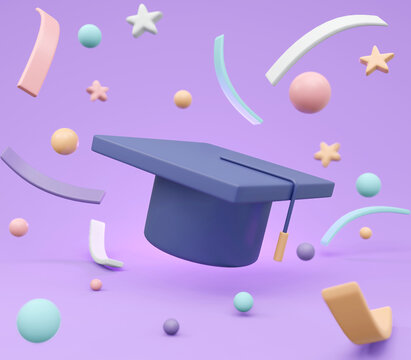 3D Rendering Of Graduation Hat With Elements Concept Of School Graduate. 3D Render Illustration.