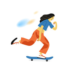 Young woman riding on skate board vector flat cartoon illustration - active lifestyle, extreme sport concept.