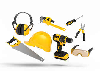 Flying view of yellow construction tools for repair on white