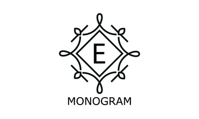 Simple elegant monogram template with letter E in the center. Decorative business sign, identity monogram for restaurant, boutique, hotel, heraldic or any desired idea.