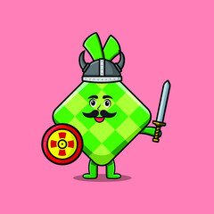 Cute cartoon character Ketupat viking pirate with hat and holding sword and shield in cute modern style design 