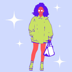 black girl pose streetwear fashion wearing bag and sunglasses vector. Blue background with light spot.
