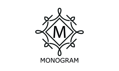 Simple elegant monogram template with letter M in the center. Decorative business sign, identity monogram for restaurant, boutique, hotel, heraldic or any desired idea.