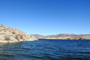 The beautiful scenery of the Colorado River Reservoir, Lake Mohave at Nelsons Landing, in Clark...