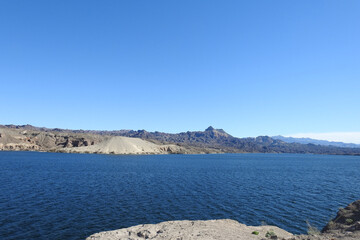 The beautiful scenery of the Colorado River Reservoir, Lake Mohave at Nelsons Landing, in Clark County, Nevada.