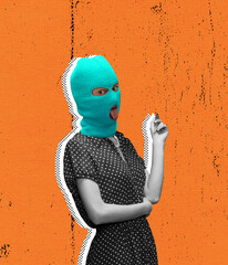 Contemporary art collage. Stylish young woman in retro styled dress in neon green balaclava isolated over orange background