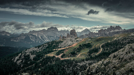 Fototapeta premium Cinque Torri at Passo di Falzarego in the Dolomite Alps during cloudy day from above, South Tyrol Italy.
