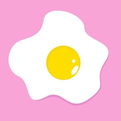 Fried egg in flat style on pink background, cartoon egg breakfast icon