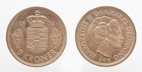 Denmark - circa 1974: a 1 Krone coin of Denmark showing the coat of arms of Denmark and a portrait...