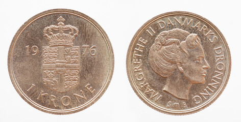 Denmark - circa 1976 : a 5 Krone coin of Denmark showing the coat of arms of Denmark and a portrait...