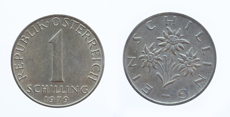 Austria - circa 1979: a 1 Schilling coin of Austria showing the flowering plant Alpine Edelweiss,...