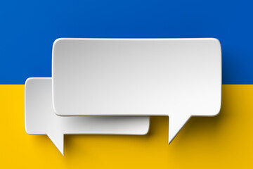 Obraz na płótnie Canvas Social media notification icons, white bubble speech on the background of the flag of Ukraine. 3D rendering