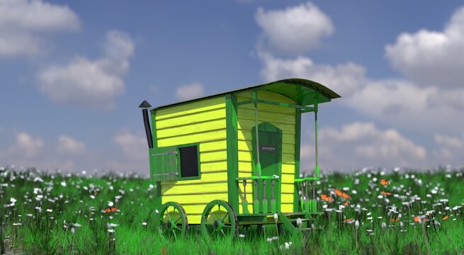3D rendering. Small yellow wooden mobile home on wheels on green grass on a background of blue sky.
