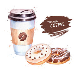 Watercolor illustration of Paper Coffee Cup with Donuts