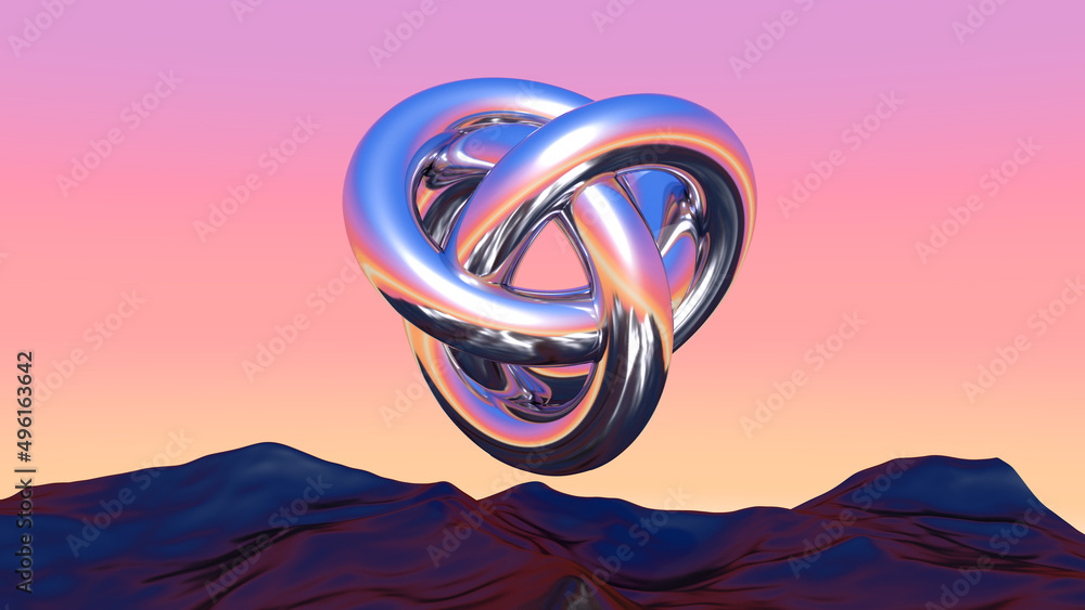 Aufkleber abstract chrome shape over blue landscape in vaporwave sunset. background with mysterious surreal sh