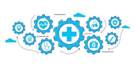 Healthcare, insurance and science icon pattern medical innovation concept in gears with blue background vector design. 