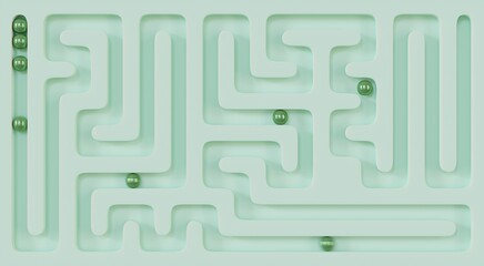 3D rendering. The labyrinth is rounded with light green balls inside. Wallpaper, advertising, background for a calendar, business cards, business concept, game, stationery				
