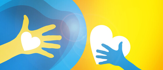 Get help for Ukraine Concept, Pray for Ukraine, Peace with Ukraine, Hopeful help, Hand that asks for help in hope for paper cut on yellow, copy space-3d rendering