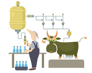 Milk farm, worker and cow illustration. Cartoon comic cow being milked by machine and producing milk, cream and yogurt isolated illustration