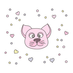 Enamored pink cat with hearts around vector illustration. Template for print, poster, greeting card for Valentine's Day.