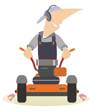 recommend clip art: Cartoon lawnmower illustration. Comic smiling lawnmower mows the lawn isolated on white