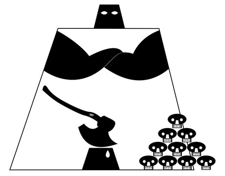 Executioner in the mask, big ax and the hill of skulls isolated black on whit background	