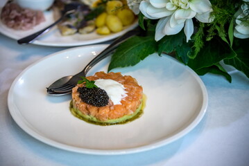 Fresh tartar with salmon, avocado and capers on white plate, clo