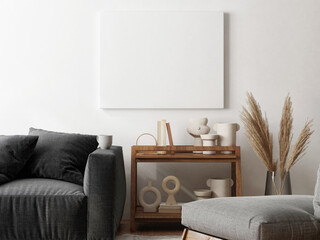 Living room with mock-up poster for presentation, Scandinavian interior design, 3d render, 3d illustration.