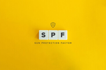 SPF (Sun Protection Factor) Banner. Letter Tiles on Yellow Background. Minimal Aesthetics.