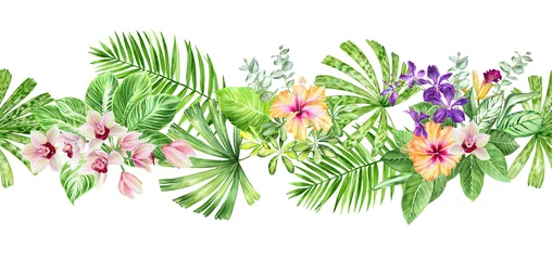 Poster Horizontal watercolor border of tropical plants and flowers. Beautiful floral garland of orchids, hibiscus and palm leaves. Exotic seamless pattern for wallpaper, scrapbooking, fabric © Olga