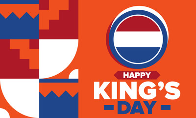 King’s Day in Netherlands. Koningsdag in Dutch. Nation’s cultural heritage and the celebrate birthday of His Majesty King. Dutch royal family. Netherlands flag. Orange colour or orange madness. Vector