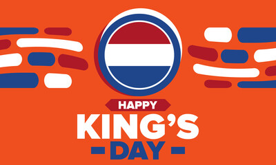 King’s Day in Netherlands. Koningsdag in Dutch. Nation’s cultural heritage and the celebrate birthday of His Majesty King. Dutch royal family. Netherlands flag. Orange colour or orange madness. Vector