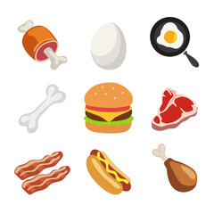 Obraz na płótnie Canvas vector food pork leg bone bacon egg fried egg burger hot dog meat chicken thigh