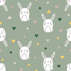 Seamless vector pattern with cute hand drawn bunny with hearts. Fun animal background for kids room decor, nursery art, card, gift, fabric, textile, wrapping paper, wallpaper, packaging, apparel.
